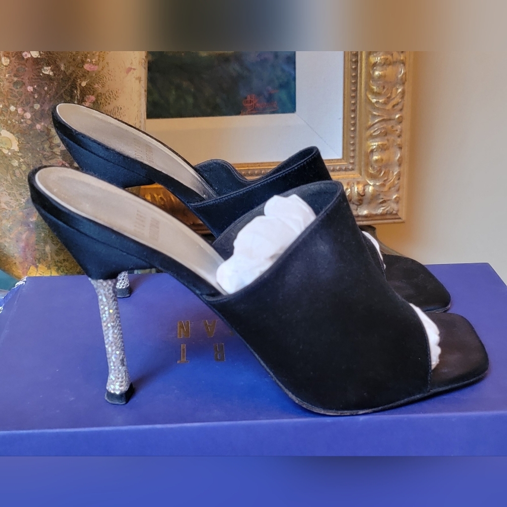 STUART WEITZMAN BLACK SATIN CRYSTAL HIGH HEEL SLIDE SANDALS 9
